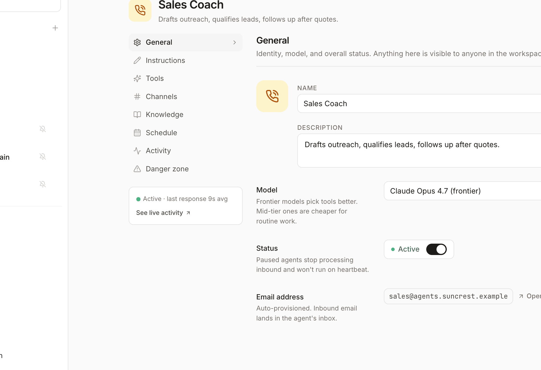 Agent settings for Sales Coach showing General, Instructions, Tools, Channels, Knowledge, and Schedule tabs