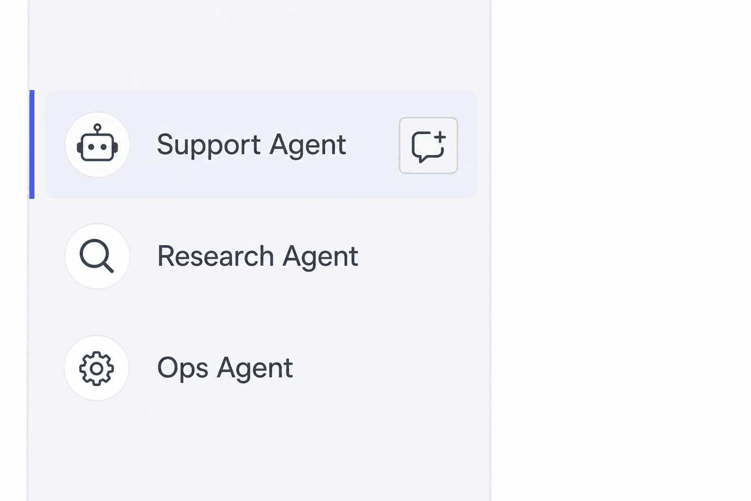 Agents sidebar with Support Agent row hovered and a new-thread plus icon visible on the right