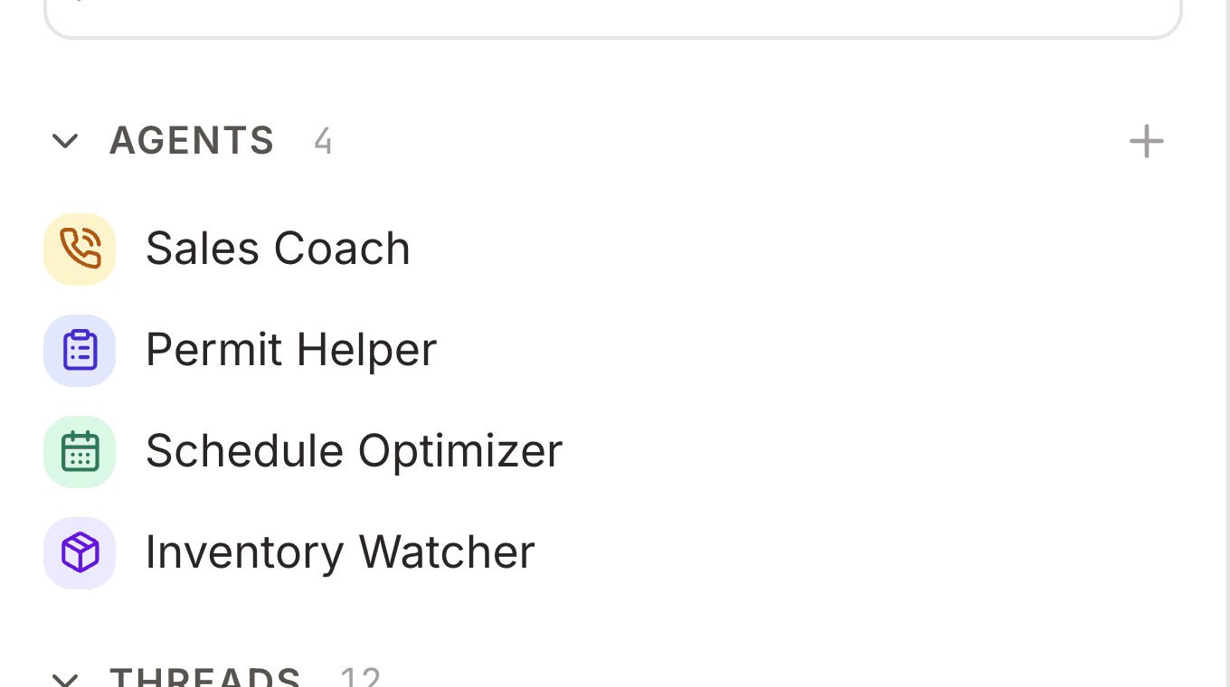 Agents sidebar with New thread, a list of agents, and recent threads