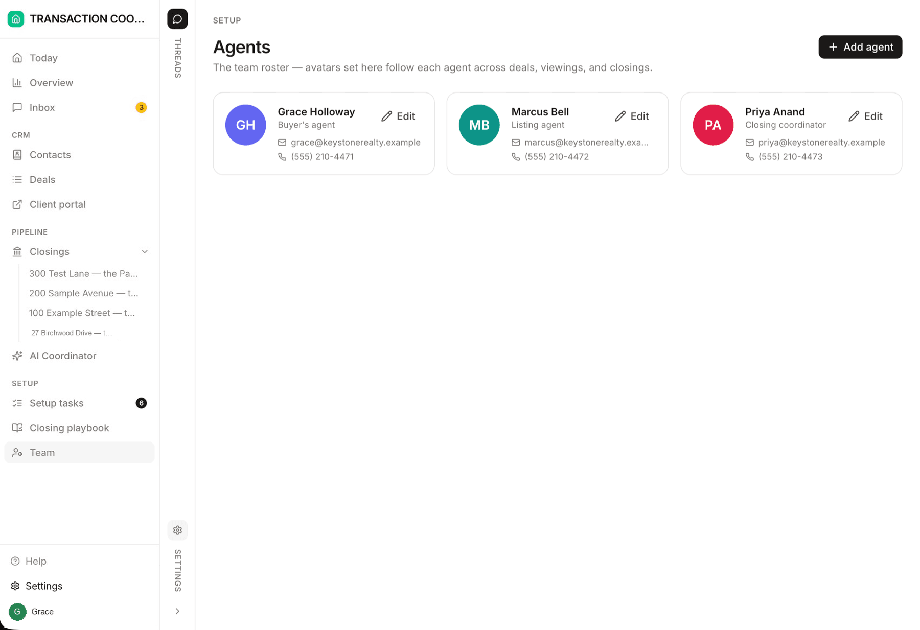 The Team page showing the workspace roster with names, roles, and contact details