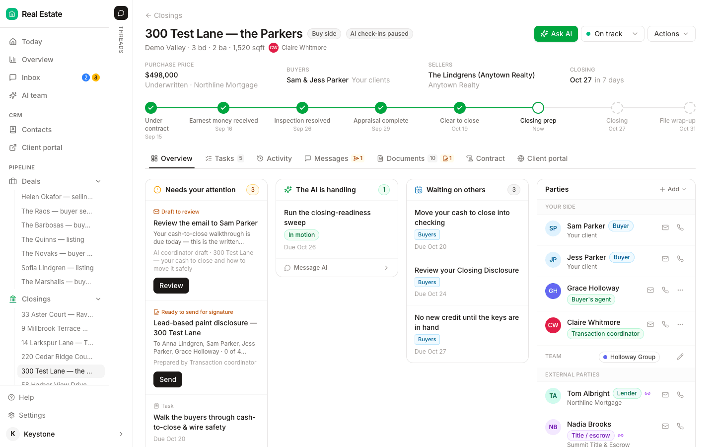 The Overview tab of a DeedSpring closing for 300 Test Lane, a buy-side file marked On track: purchase price, buyers, sellers and an October 27 closing date across the top; a milestone chain from Under contract to File wrap-up with Closing prep live; panels for Needs your attention, The AI is handling and Waiting on others; and a Parties panel listing the buyers, the buyer's agent, the coordinator, the lender and the title company