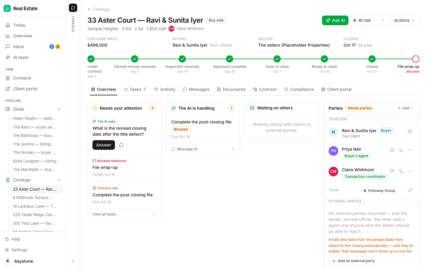 The Overview tab of a DeedSpring closing for 33 Aster Court marked At risk, its closing date three days past: a milestone chain ticked through Closed with File wrap-up marked Blocked; a Needs your attention panel with a question from the AI about the revised closing date, the blocked File wrap-up milestone and an overdue post-closing task; The AI is handling and Waiting on others panels; and a Parties panel