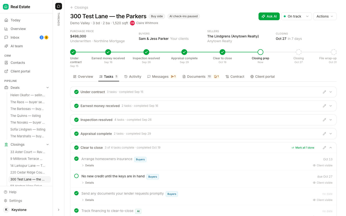 The Tasks tab of a DeedSpring closing for 300 Test Lane, a buy-side file: the Under contract, Earnest money received, Inspection resolved and Appraisal complete milestones ticked with completion dates, Clear to close open with three of four tasks done, and tasks labelled Buyers, such as arranging homeowners insurance and no new credit until the keys are in hand, each marked Client visible