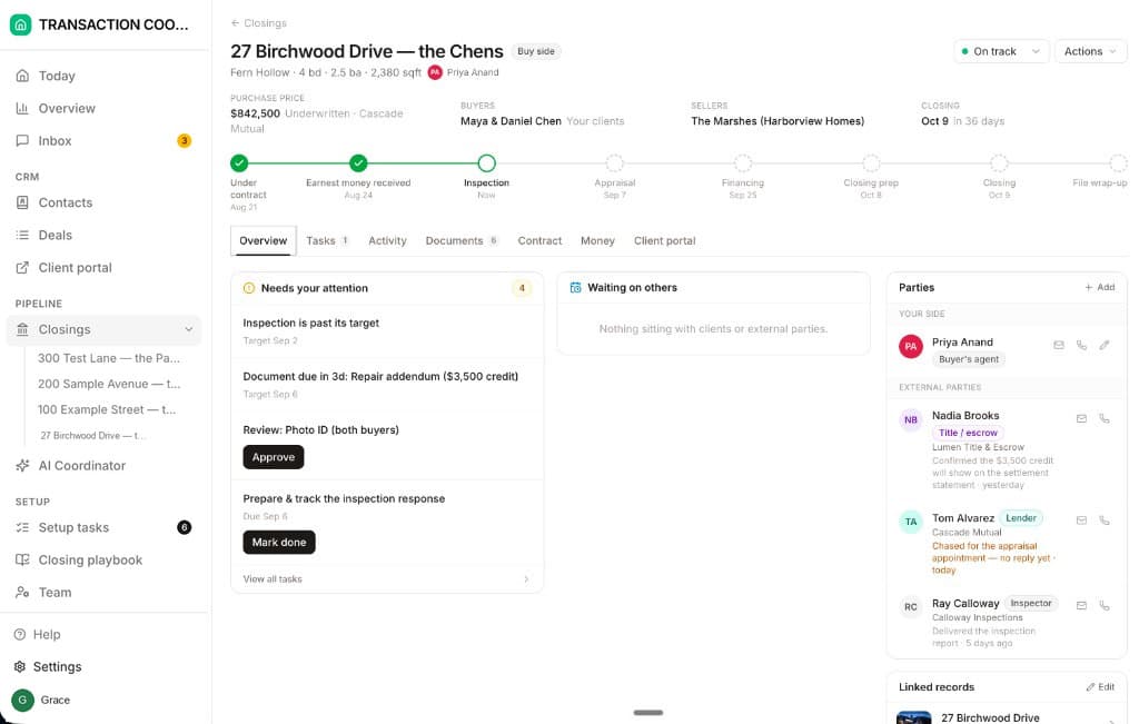 The Overview tab of a closing, showing Needs your attention items beside Waiting on others, with the milestone chain across the top