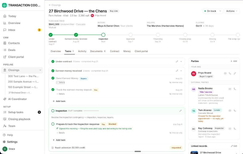 The Tasks tab of a closing, showing completed milestones with checkmarks, the active milestone marked Now, and tasks labelled Deal owner or Client