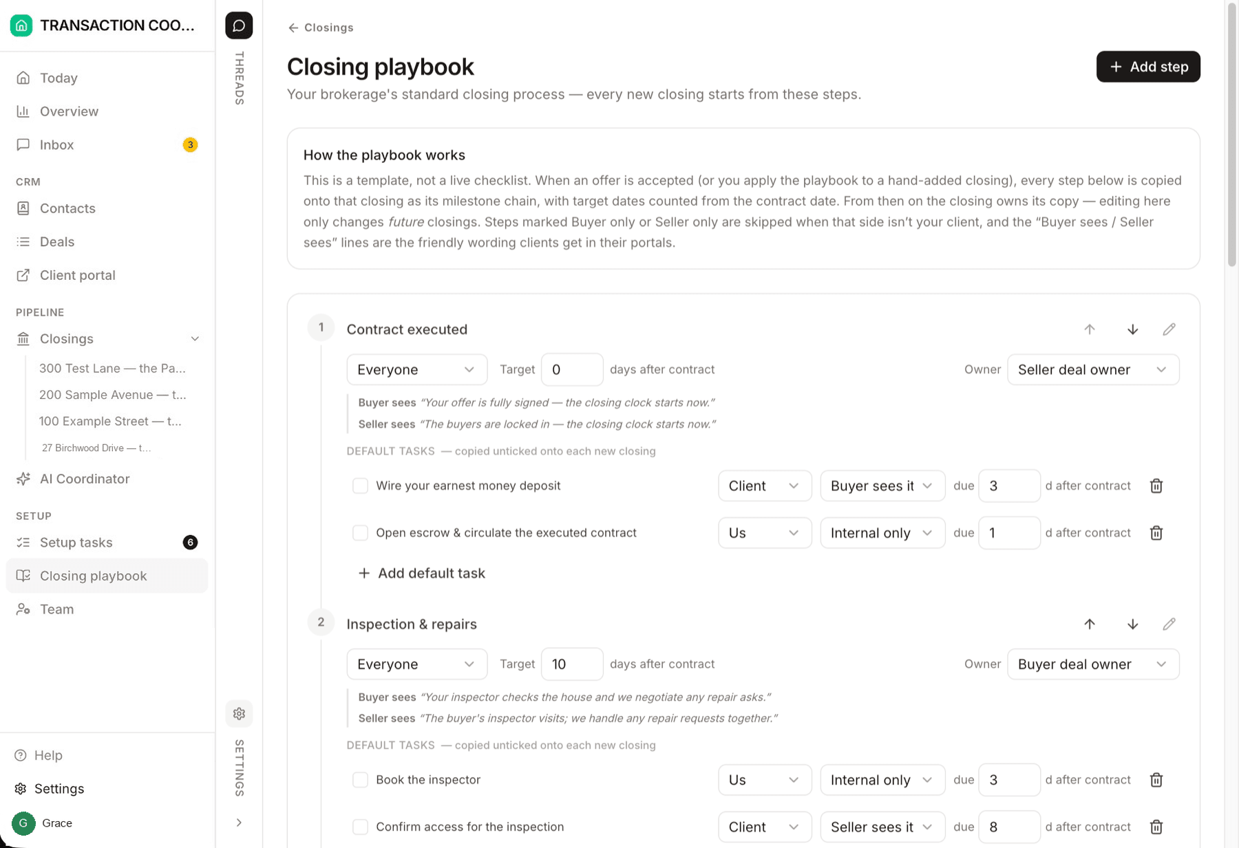 DeedSpring's Closing playbook page showing the Contract executed step with a default task to wire the earnest money deposit, owned by the client, visible to the buyer and due three days after contract, and an Inspection and repairs step targeted ten days after contract