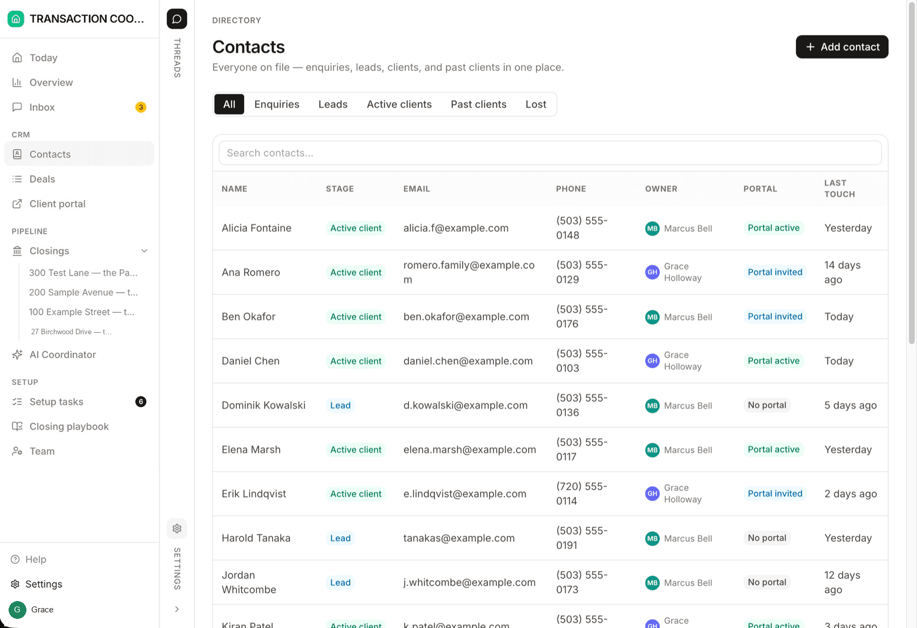 The Contacts directory populated with client records