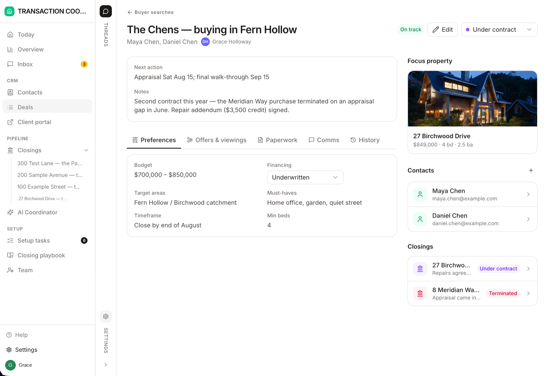 A deal detail page showing linked contacts, property, documents, and related activity