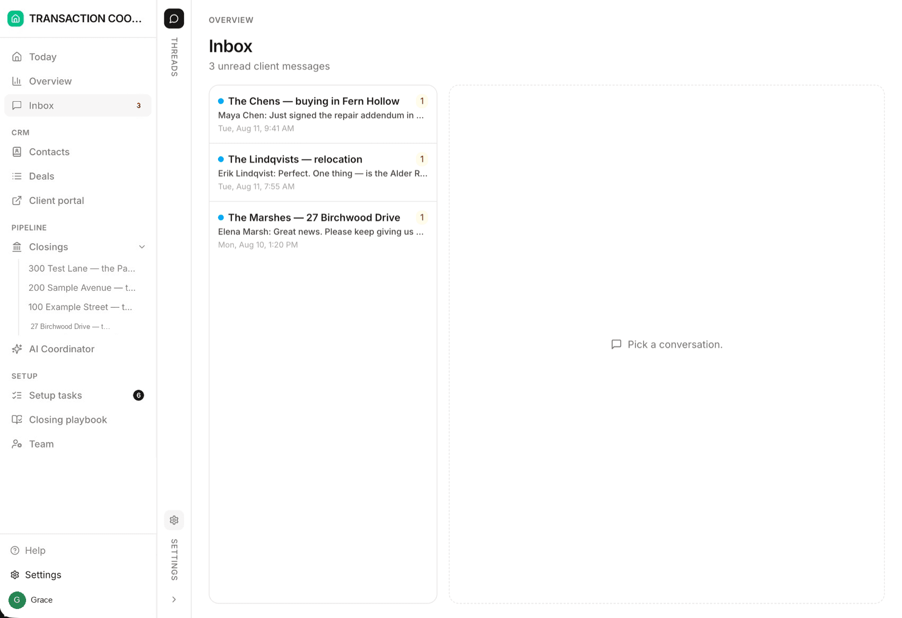 The Inbox showing threads with clients and parties, unread markers and a Drafts to review filter