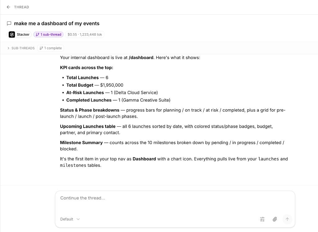 Thread where the user asked to make a dashboard of events and the agent responded with KPI cards, breakdowns, and a table wired to live data