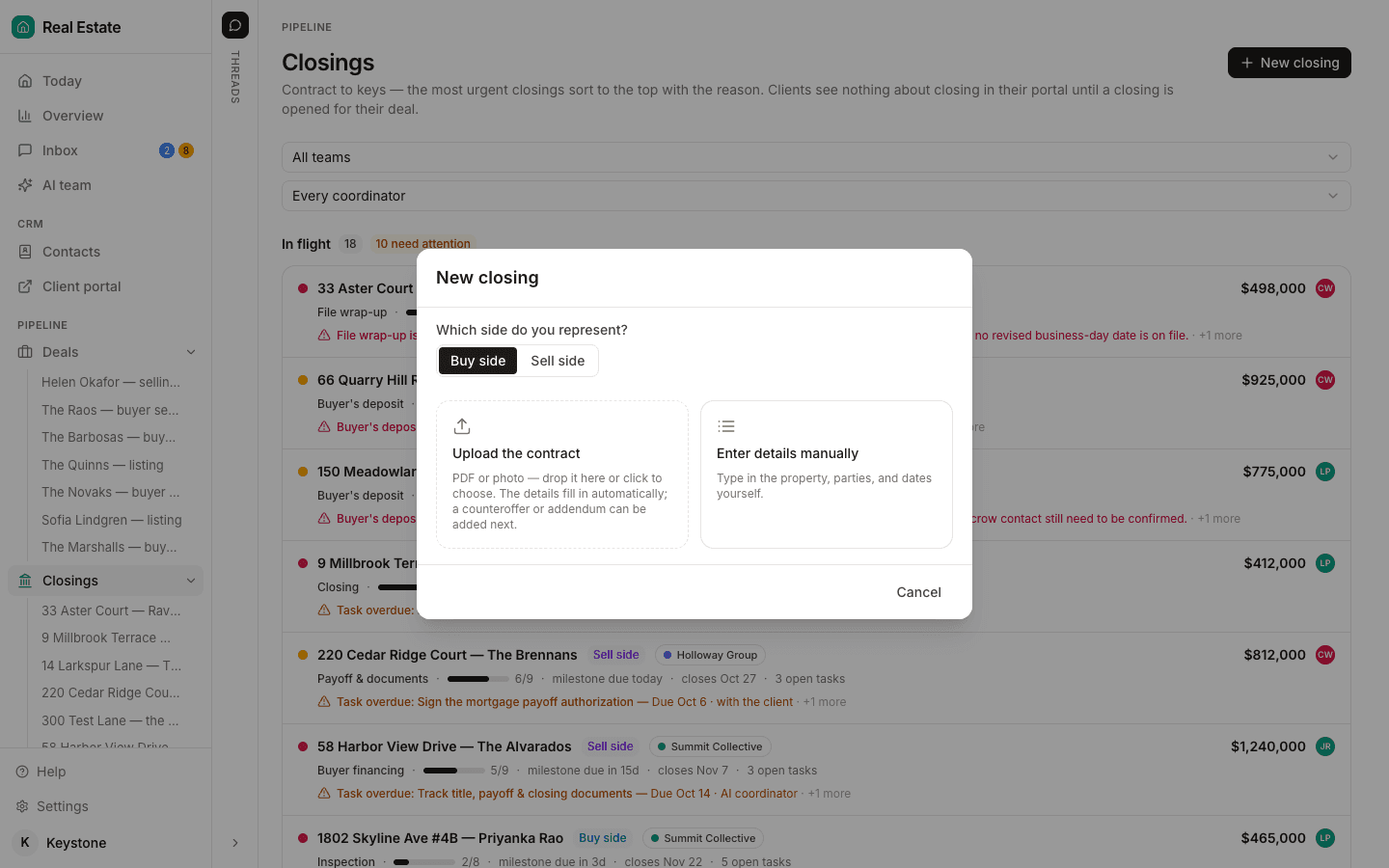 DeedSpring's Closings page with the New closing dialog open: a Buy side / Sell side toggle under Which side do you represent?, and two cards, Upload the contract (PDF or photo, the details fill in automatically) and Enter details manually