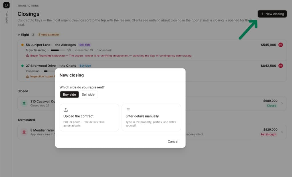 The Closings list page with the New closing modal open, showing the Buy side / Sell side toggle and the Upload the contract and Enter details manually options