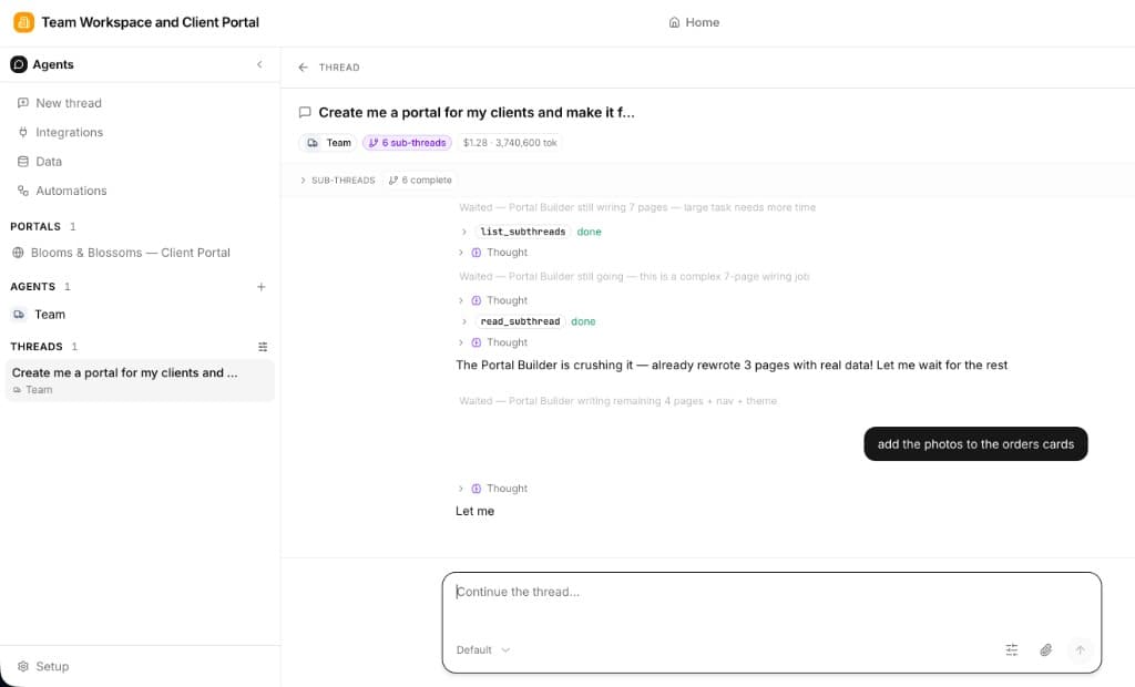 Portal builder thread with a conversation about creating a client portal and sub-threads for page wiring