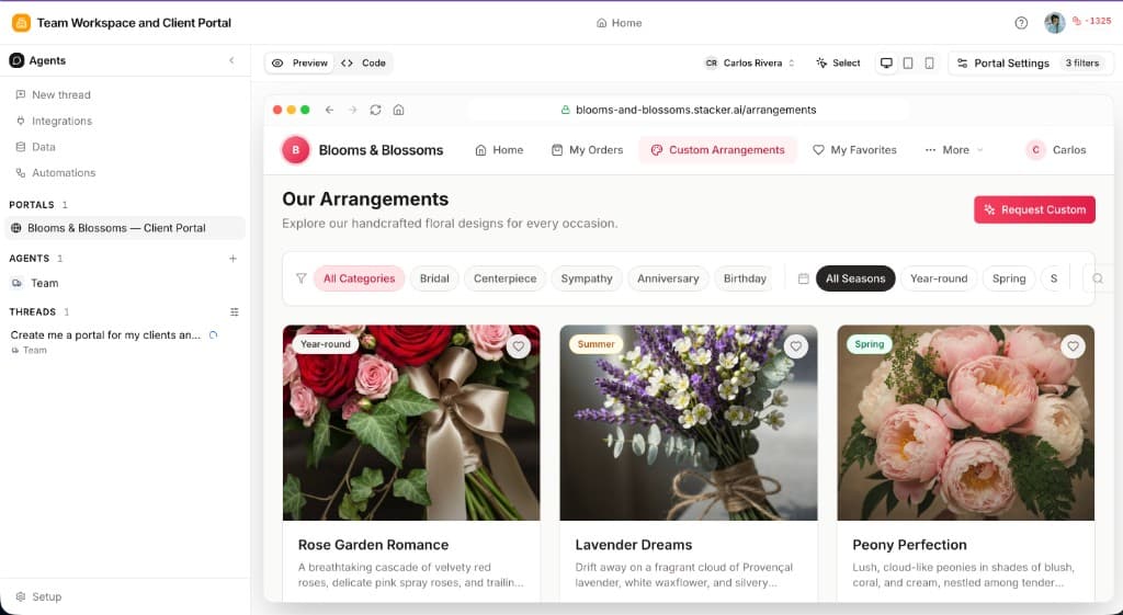 Stacker app workspace with Portals, Agents, and Threads in the left sidebar and a live portal preview in the main panel