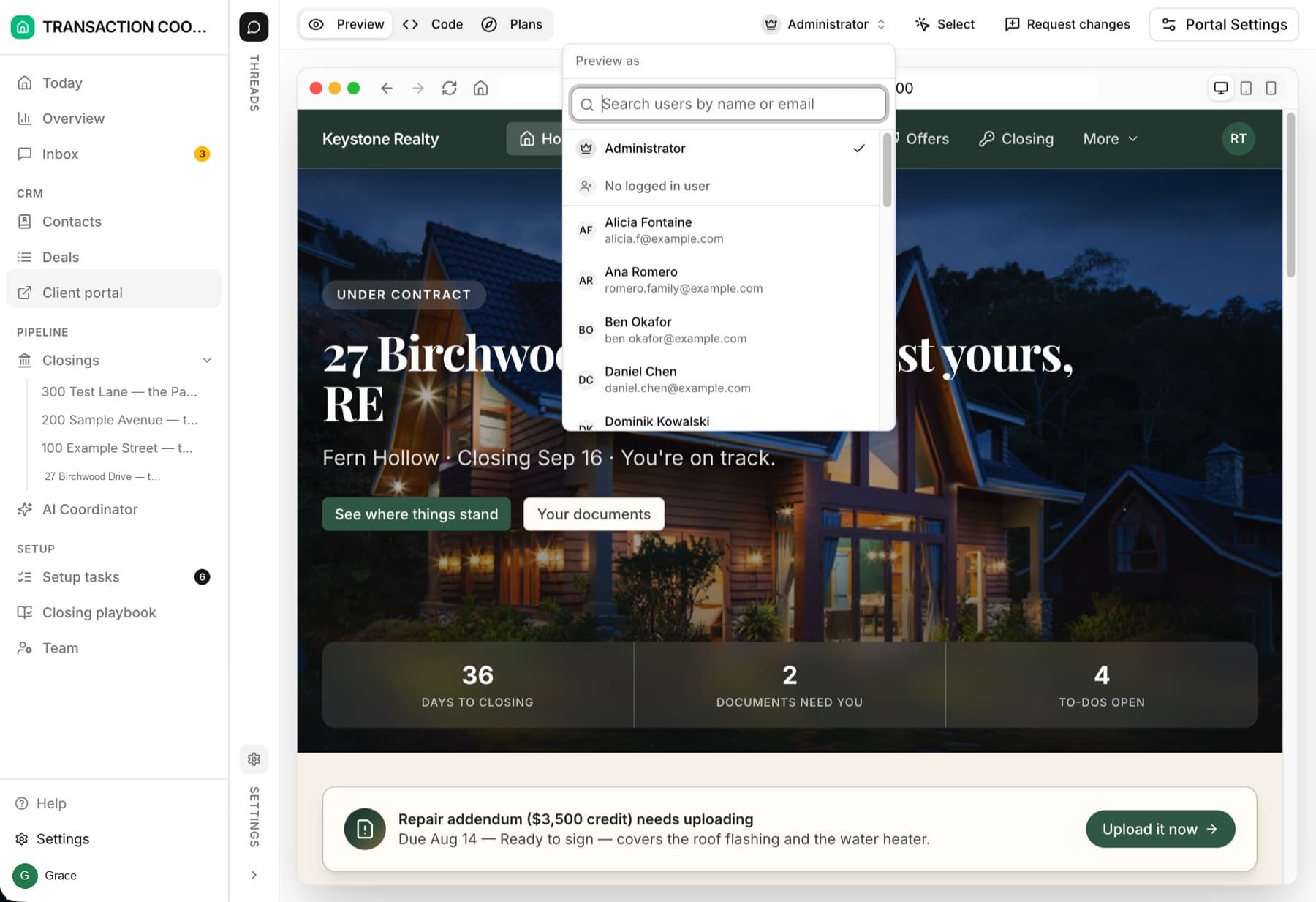 The portal preview toolbar with viewer selection and the Request changes button