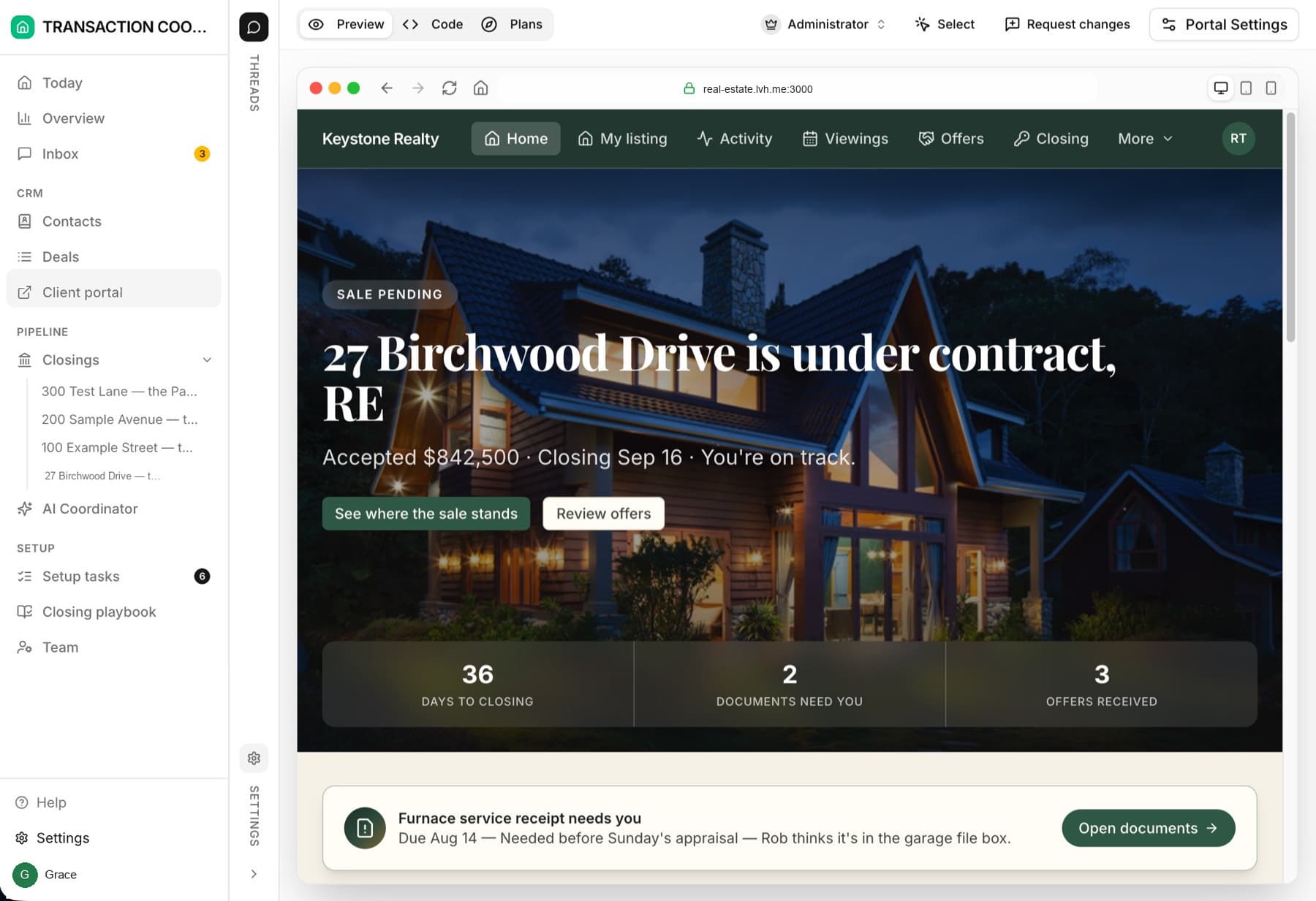 The client portal home page for a seller, showing sale status, days to closing, and offers received