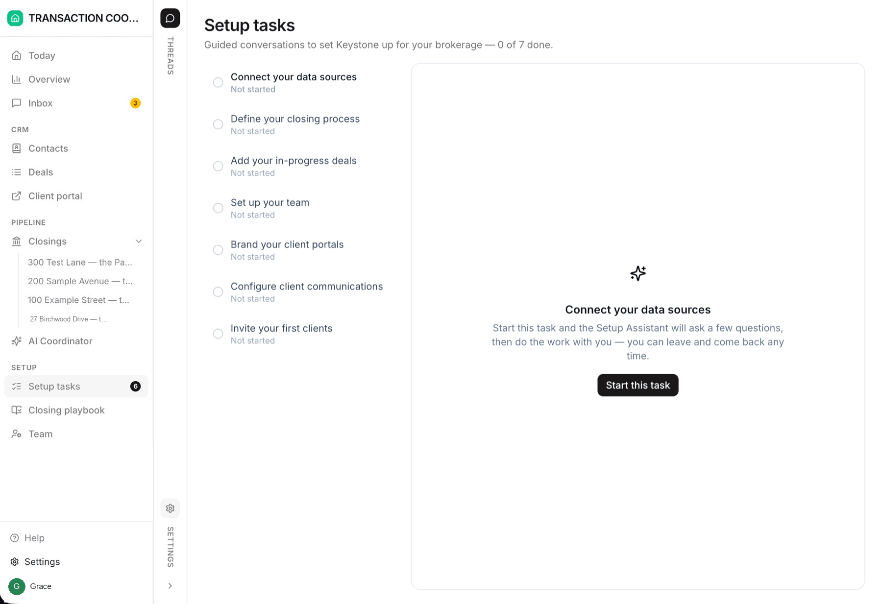 The Setup tasks page listing guided onboarding conversations