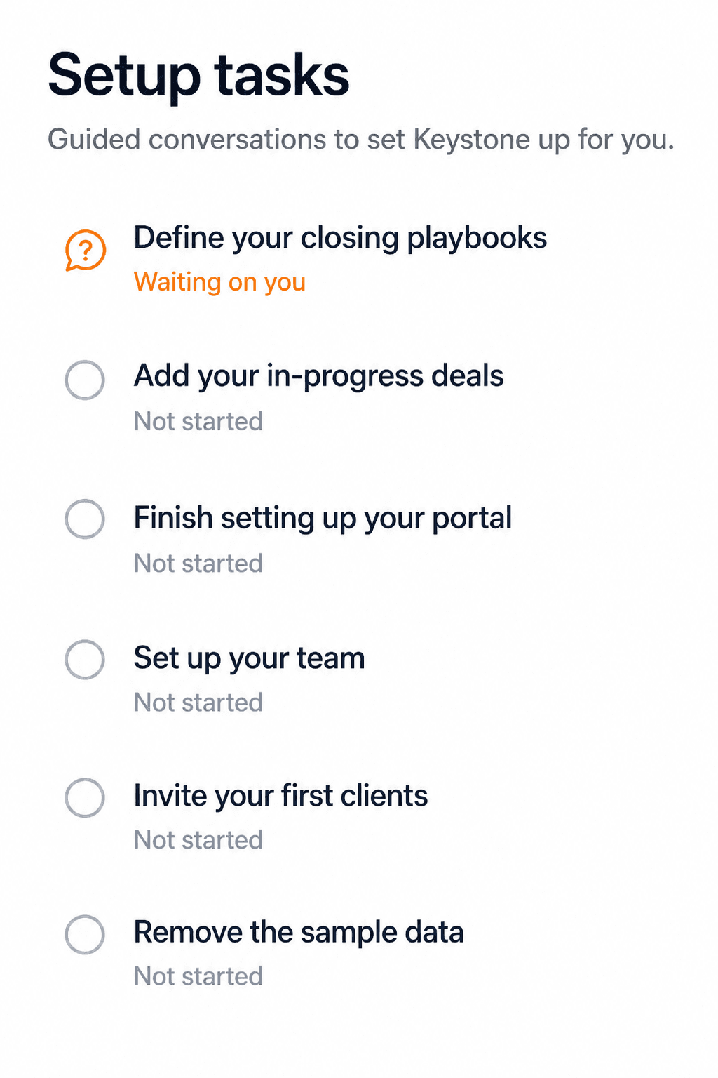 The Setup tasks list: Define your closing playbooks waiting on you, then five more tasks not started