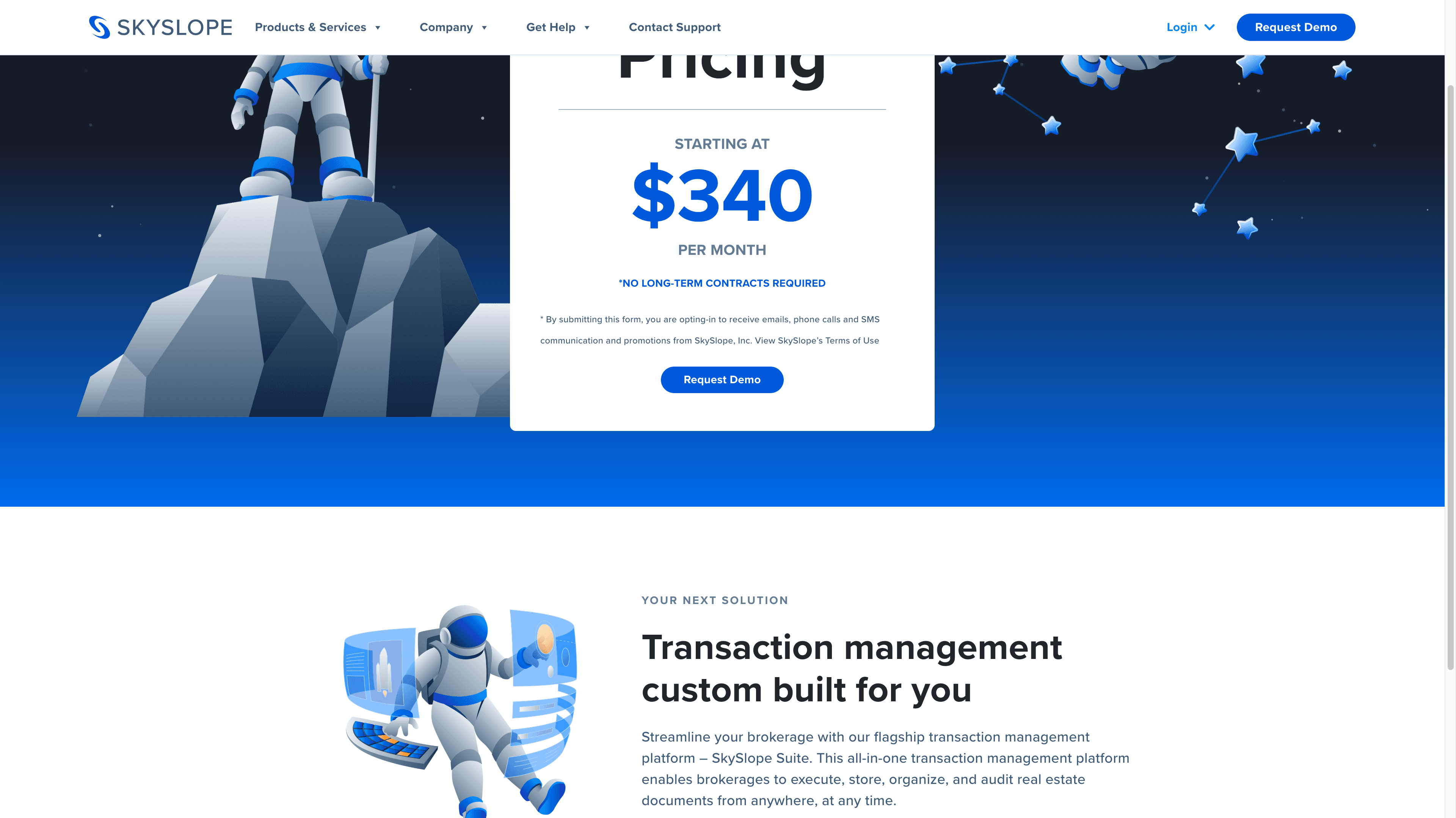 SkySlope's public pricing page showing the words Starting at $340 per month, an asterisked line reading No long-term contracts required, and a Request Demo button