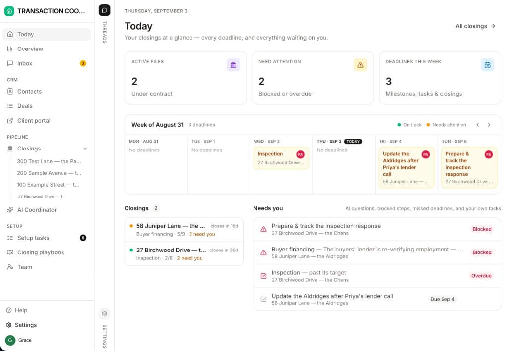 The Today dashboard in the DeedSpring workspace, showing active files, items needing attention, and this week's deadlines