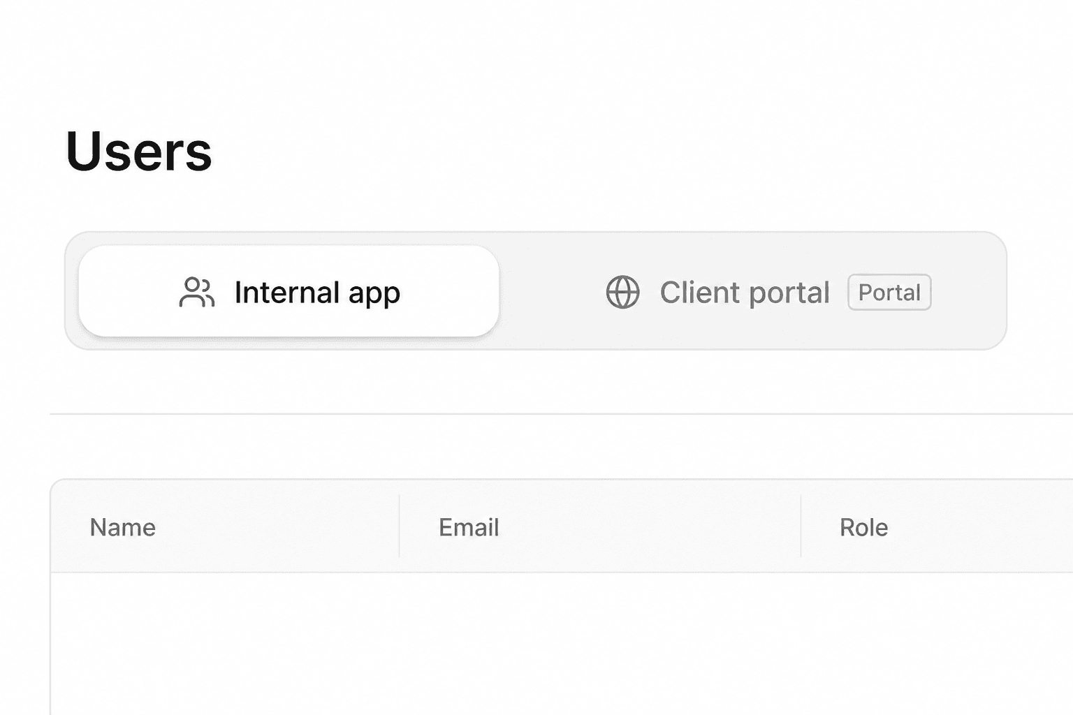 The Users screen with a tab switcher: Internal app selected, and Client portal with a Portal badge