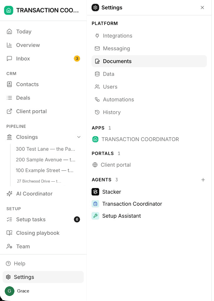 The workspace sidebar: Today, Overview, and Inbox, then CRM, Pipeline with open closings listed under Closings, and Setup. Settings is open beside it.