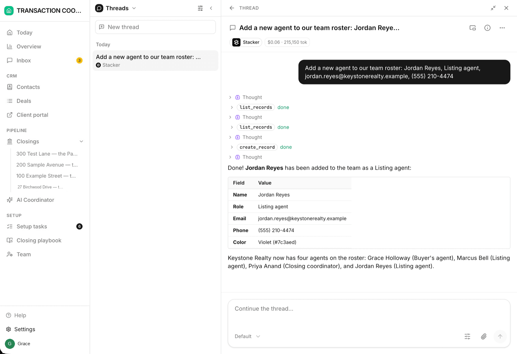 A conversation with the AI coordinator on a closing, following up on the file