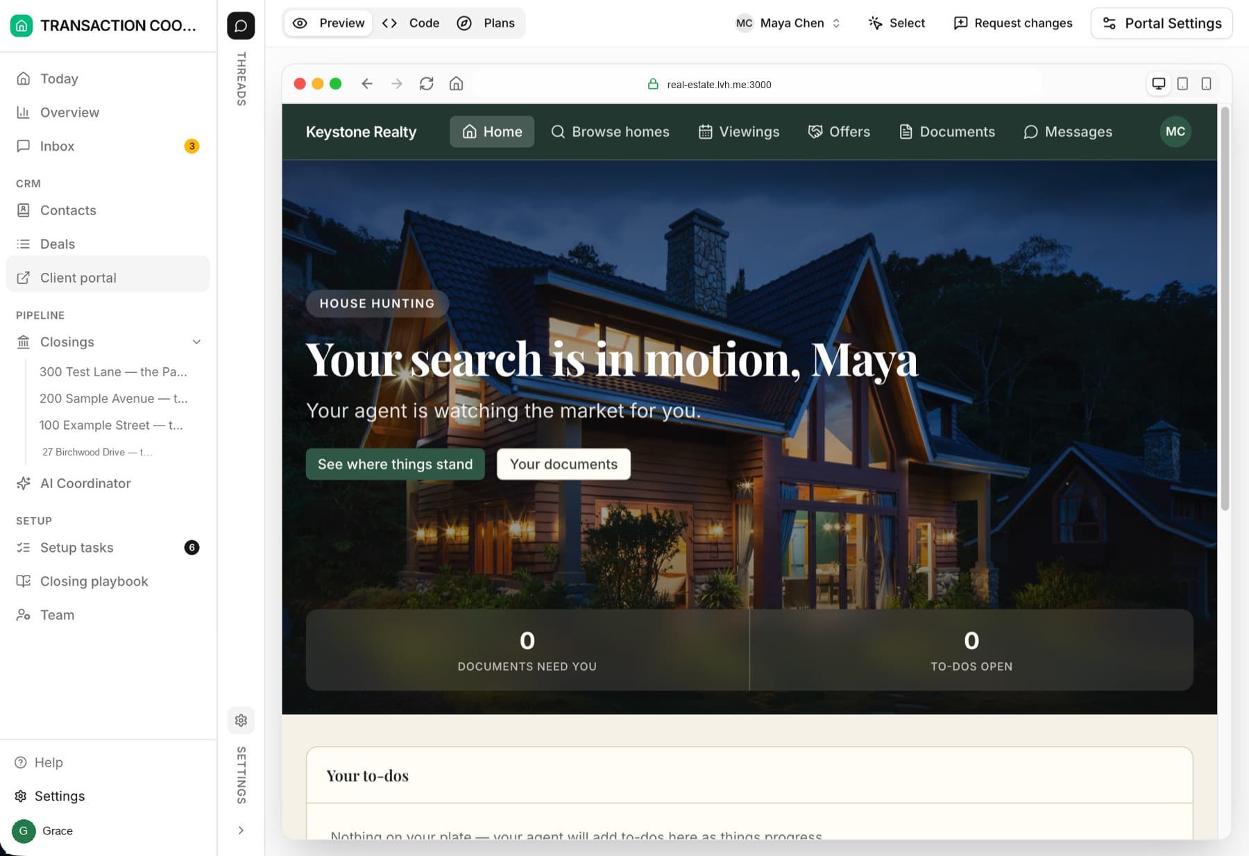 A buyer’s branded portal showing live status, next steps, and documents for their closing