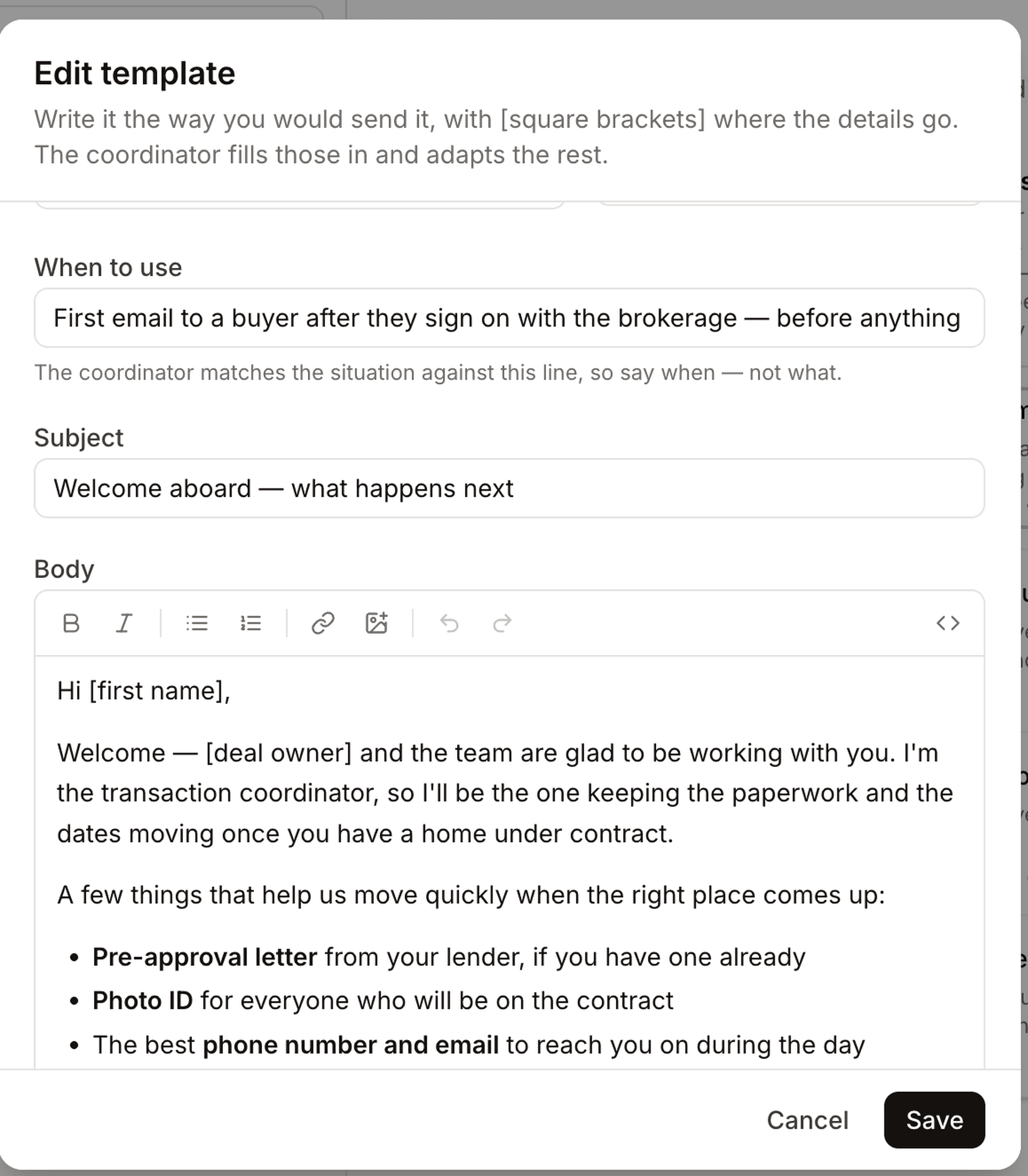 Editing an email template with a when-to-use line, subject, and rich-text body with placeholders and a formatting toolbar