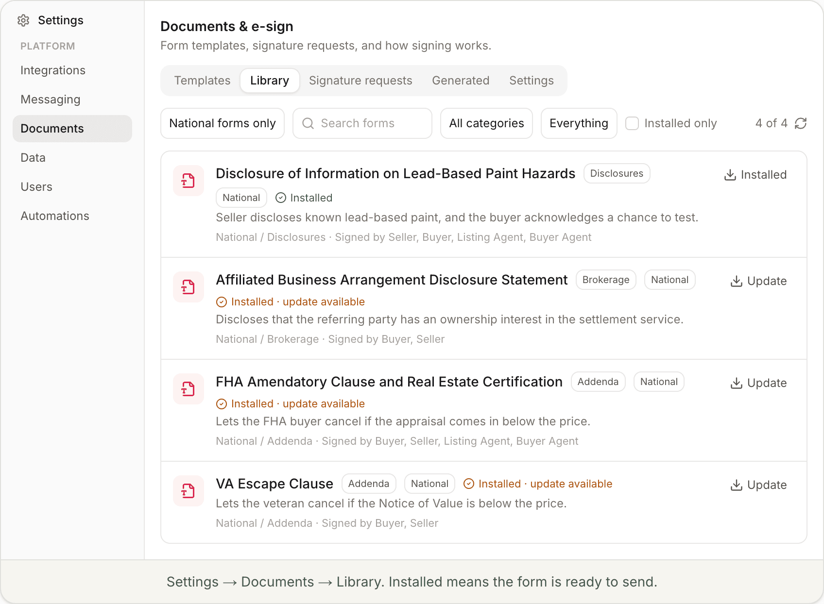 The form library under Settings, with national forms installed and ready to send