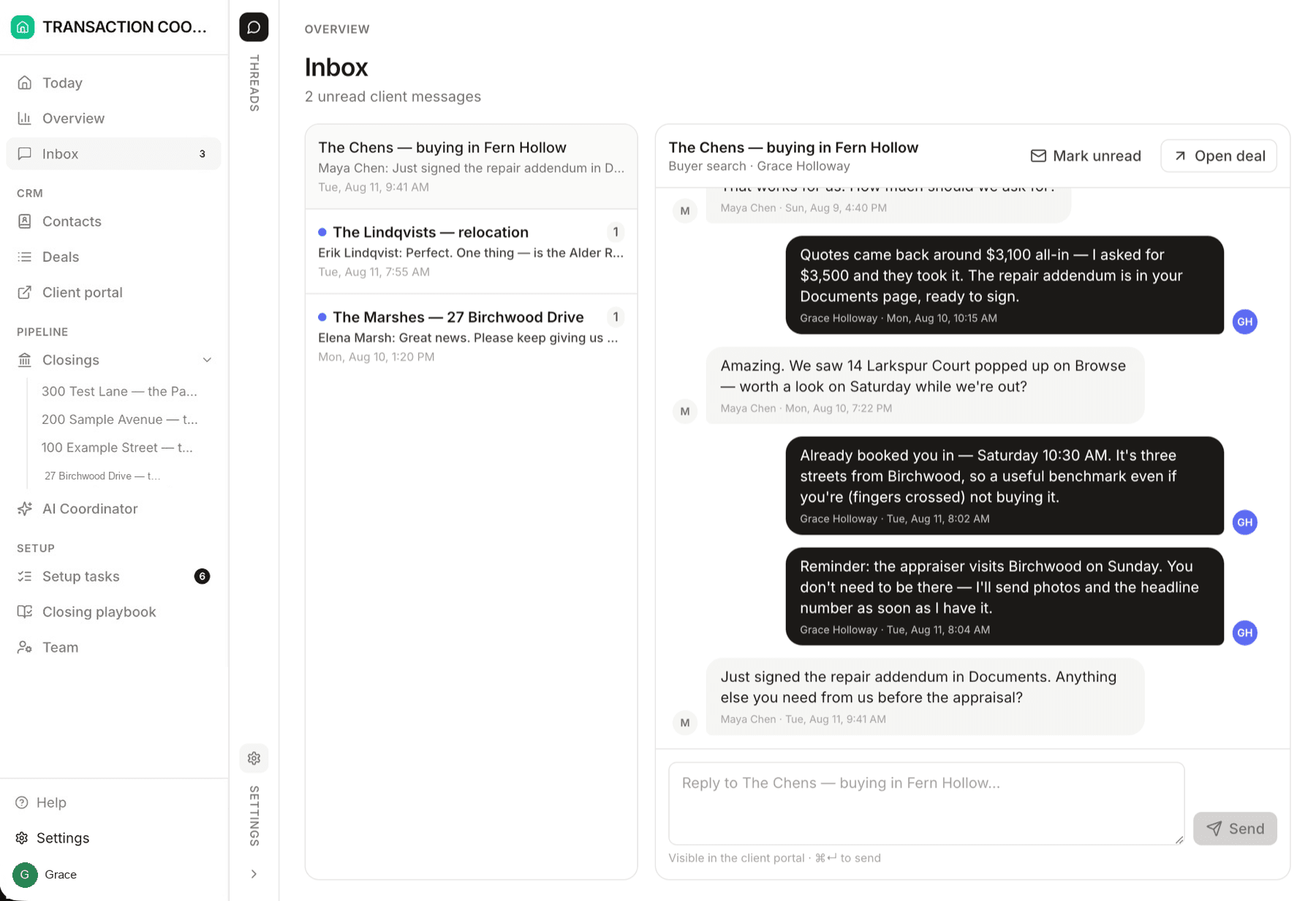 The team inbox open on a closing thread, with email from the client and a coordinator draft to review