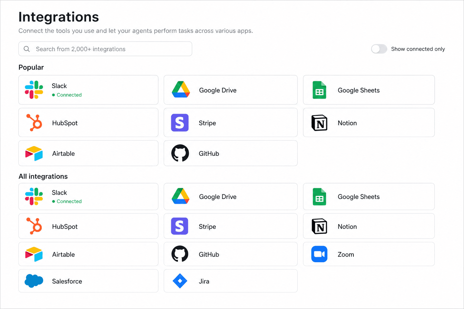 Integrations page with search, popular apps grid, and connected status indicators