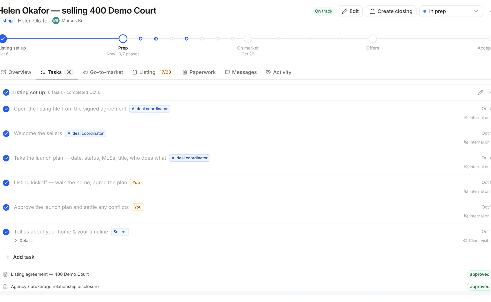 A seller listing open on Tasks, with the listing timeline from set-up through prep, on market, offers, and accepted