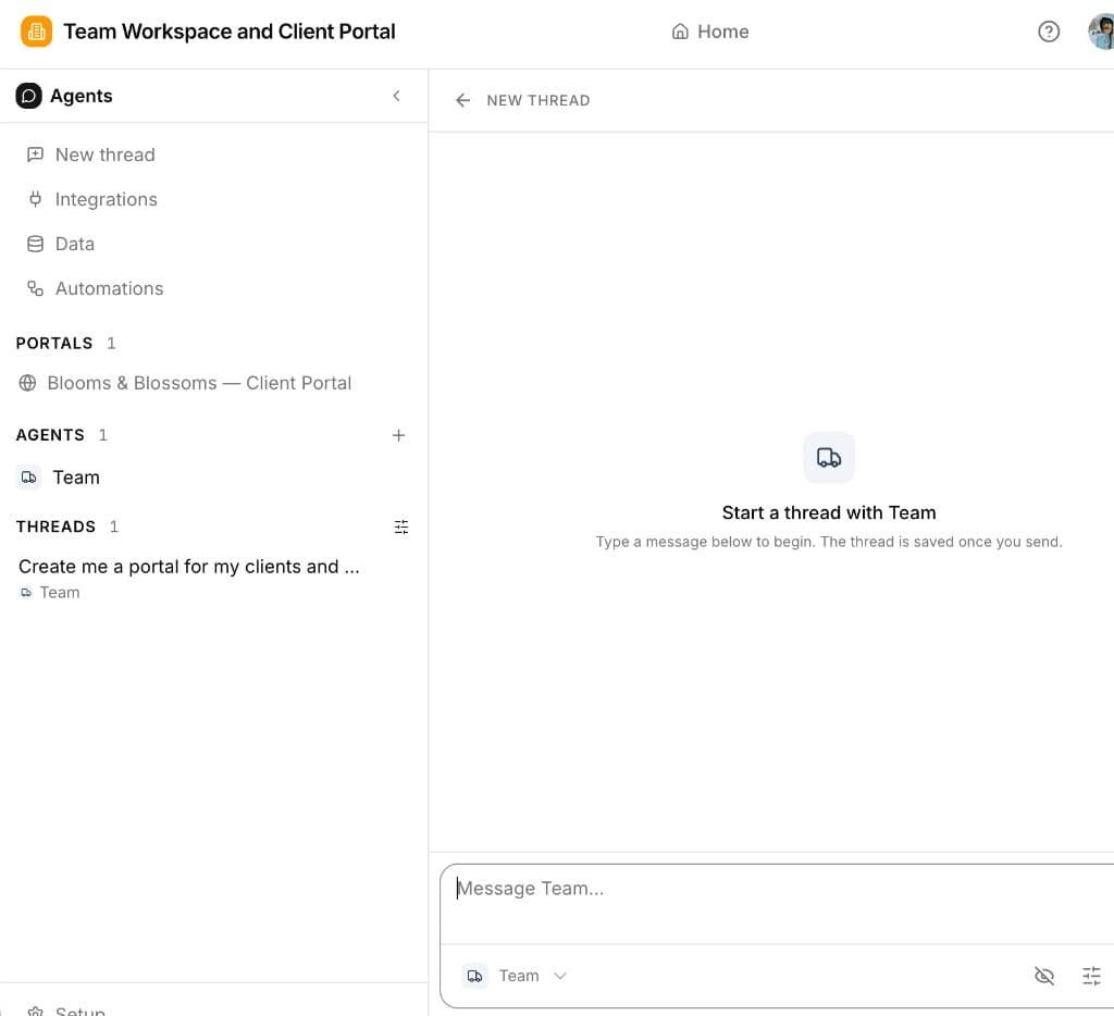 Stacker app workspace with Portals, Agents, and Threads in the left sidebar and a new thread composer open beside it