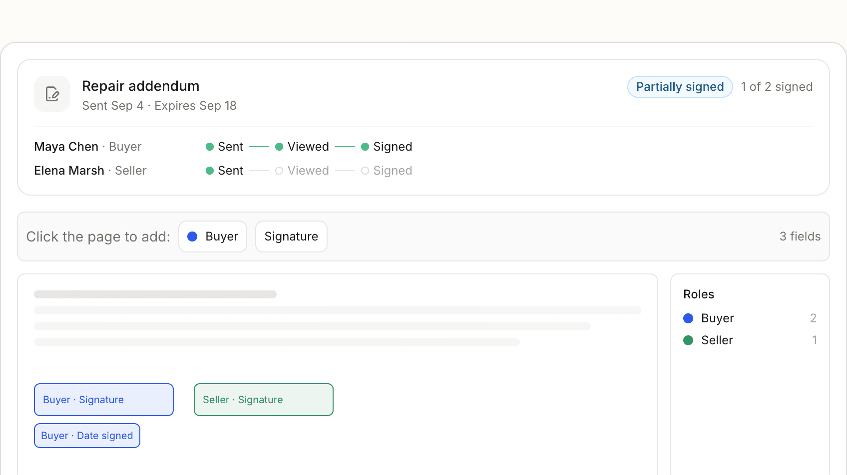 A repair addendum sent for signature, with buyer and seller status and signature fields on the page