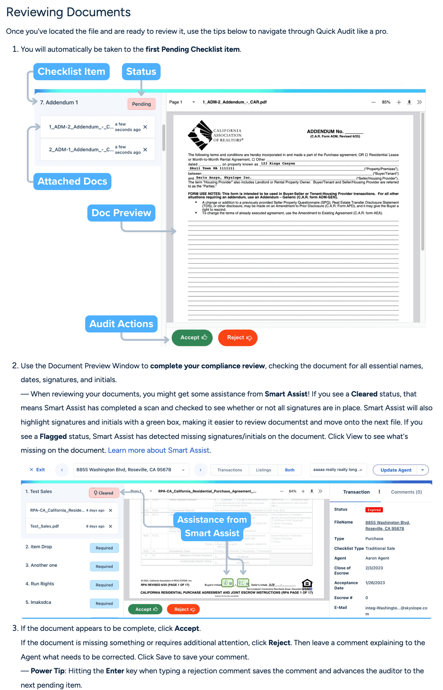 SkySlope's Quick Audit help page: the reviewer lands on the first Pending checklist item with the document preview beside it, Accept and Reject buttons under the preview, a Smart Assist Cleared badge on a second file, and the instruction to leave a comment on a Reject