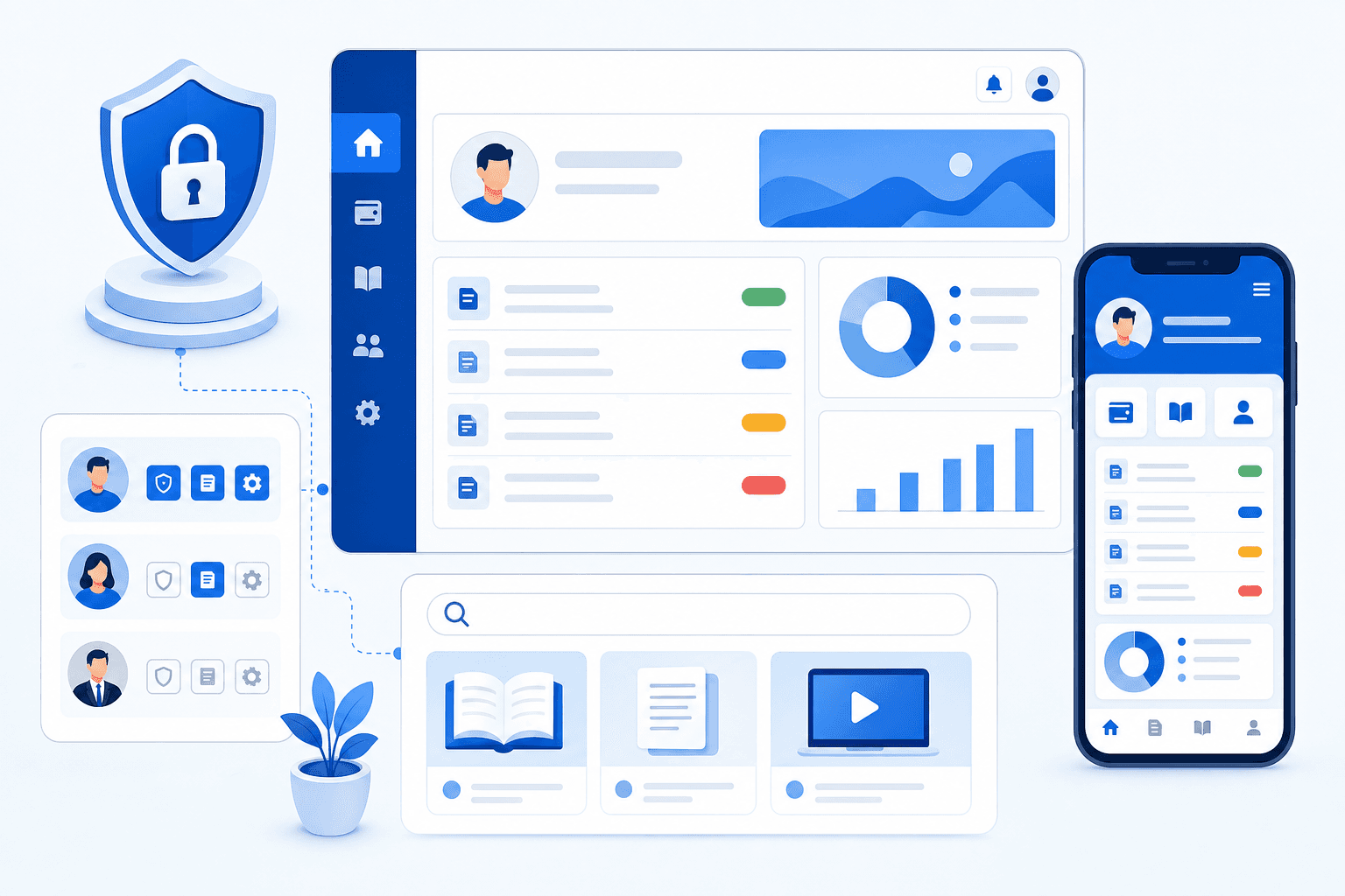 A clean, modern illustration of a customer portal dashboard interface showing multiple key features: a secure login shield icon, personalized user profile section, ticket management system with status indicators, knowledge base search bar, mobile device responsiveness, and role-based access controls. Use a professional business color palette with blues and whites, isometric or flat design style, no text or labels.