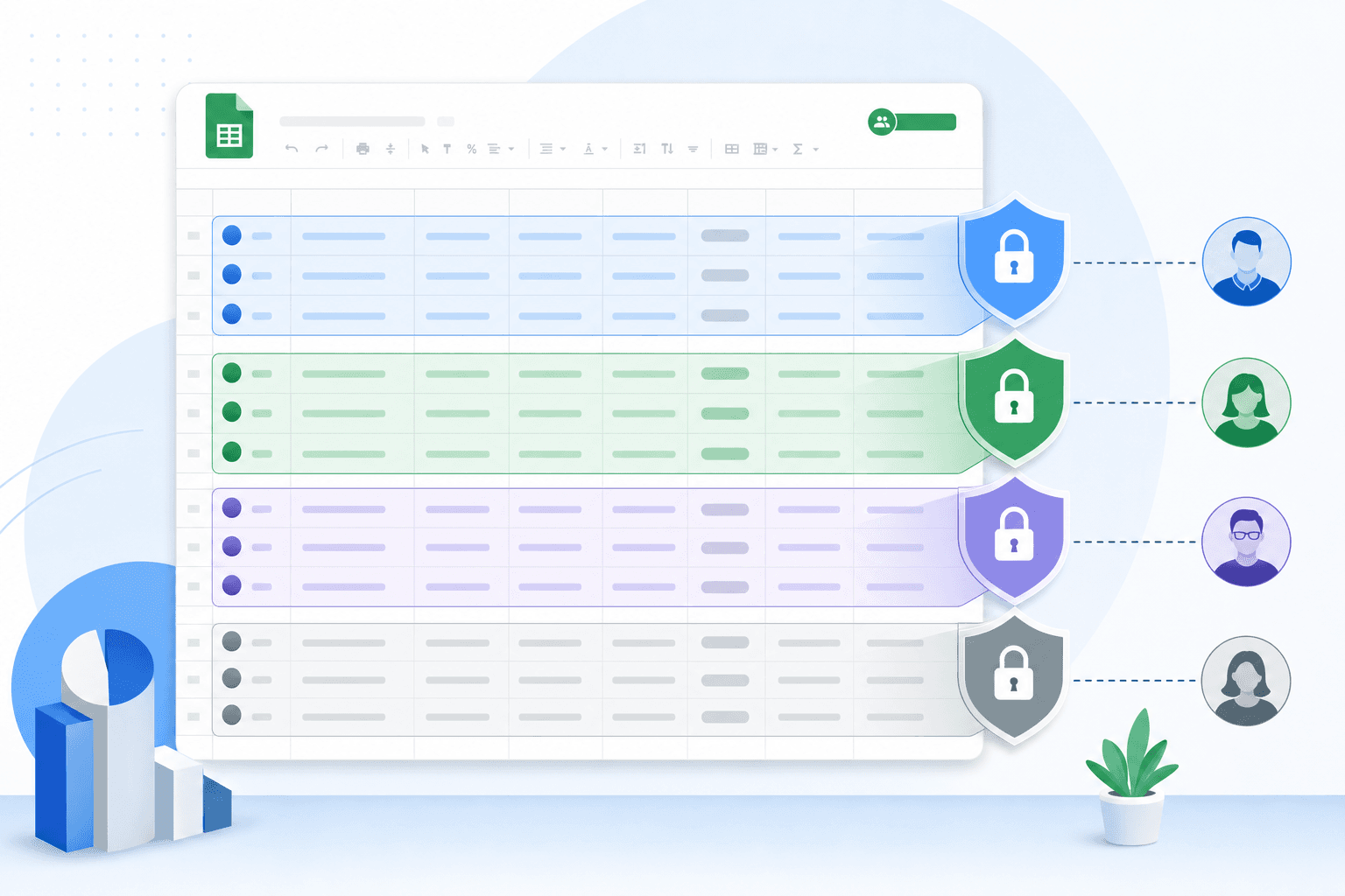 A clean, modern illustration showing a Google Sheets spreadsheet with multiple colored rows of data, overlaid with transparent layered access control shields or lock icons representing different permission levels. The visual should convey the concept of row-level data filtering and access control in a business software context. Professional, minimalist style with a light background and blues, greens, and grays as primary colors.