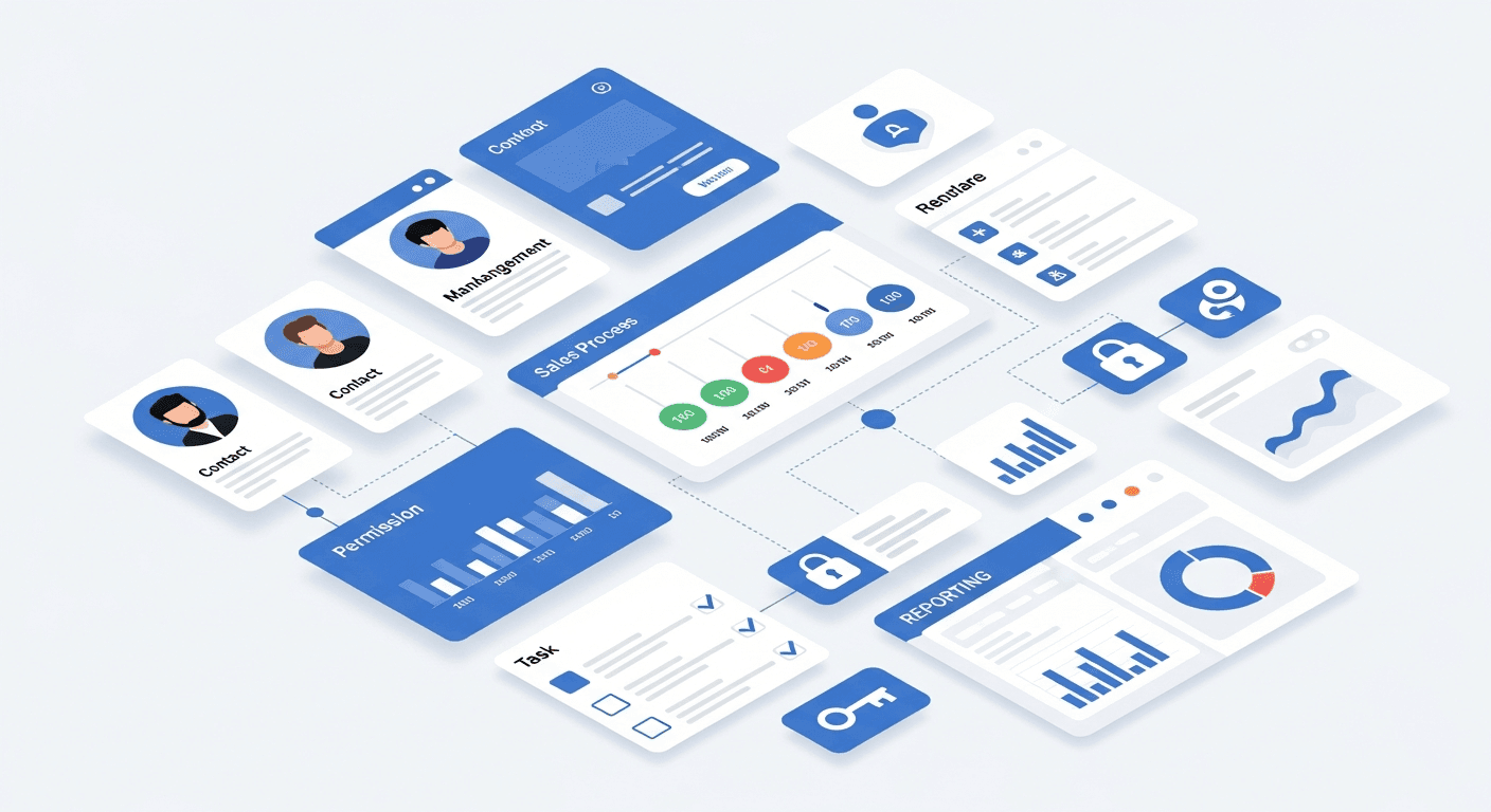 Modern CRM system interface illustration showing multiple interconnected modules and features, including contact management cards, pipeline visualization with stages, task lists, permission icons, and reporting dashboard elements. Clean, professional design with a blue and white color scheme, isometric perspective, showing data flowing between different components. No text or letters visible.