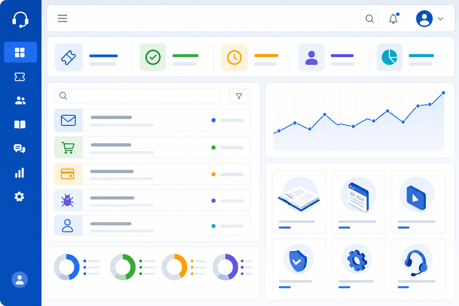 A clean, modern customer support portal dashboard interface showing ticket management features, knowledge base articles, and status updates. The design should include visual elements like ticket cards, search functionality, and navigation menus in a professional blue and white color scheme. Isometric or flat design style, no text or words visible.