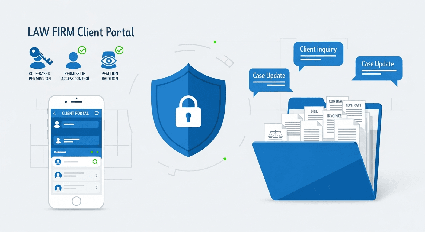 Professional illustration of law firm client portal key features including security shield with lock icon, document management folder with organized files, secure messaging chat bubbles, role-based access control with user permissions icons, and mobile device showing portal interface. Clean, modern design with legal blue and white color scheme, minimal flat design style, technology-focused