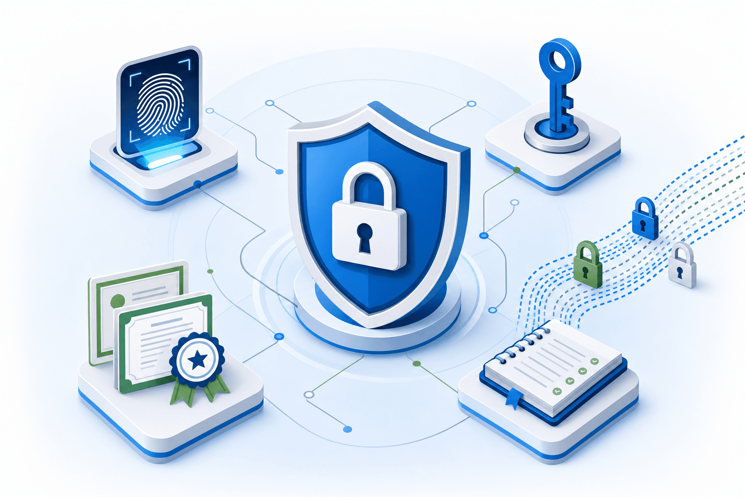 A professional illustration showing digital security and compliance concepts for a customer portal. Display a shield icon with a padlock at the center, surrounded by connected elements: a fingerprint scanner representing authentication, a key symbol for access control, encrypted data streams with lock symbols, an audit trail log book, and certificate badges. Use a clean, modern isometric or flat design style with blues, greens, and grays. Corporate and trustworthy aesthetic, no text or words visible.