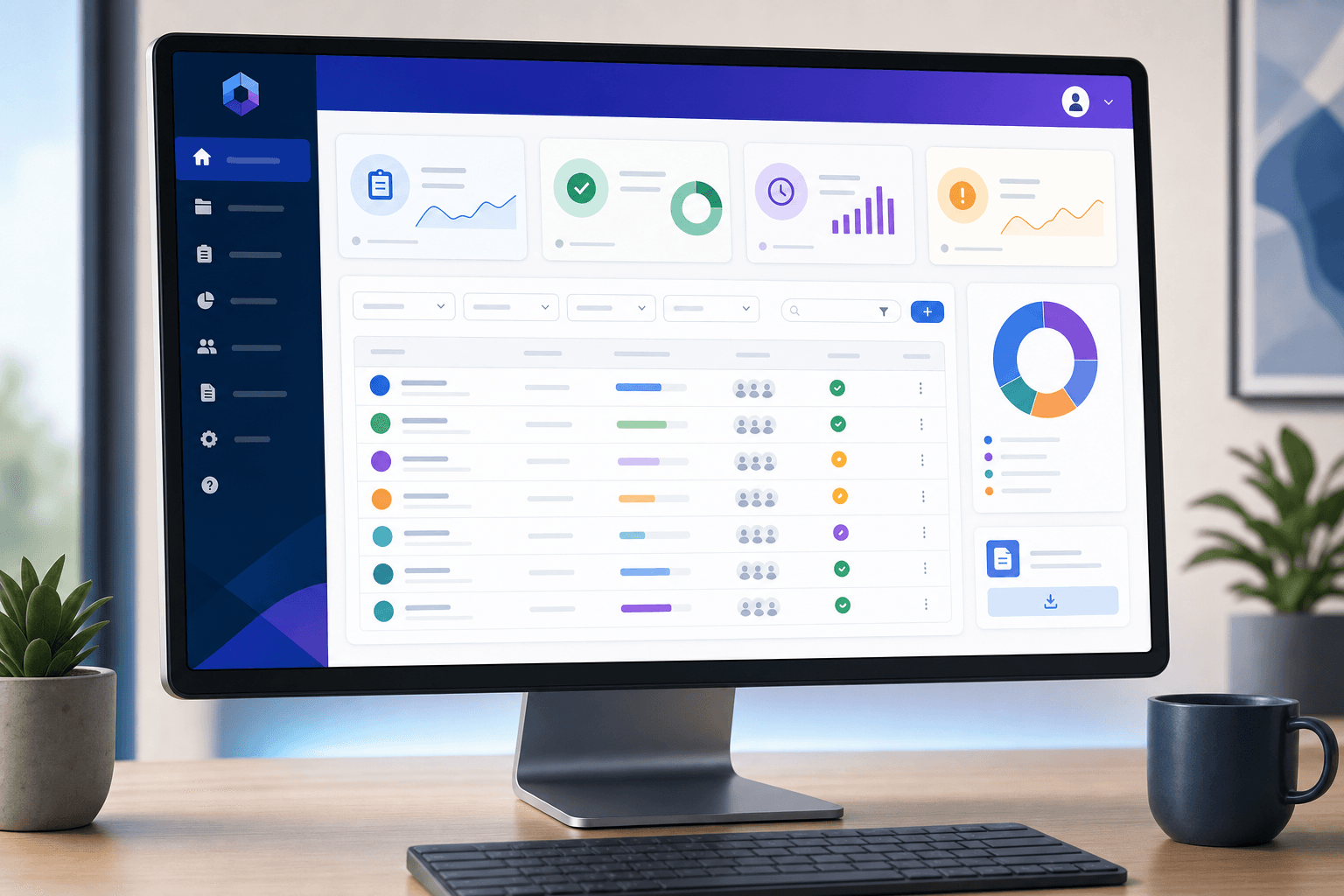 A modern, clean client portal dashboard interface on a computer screen. Show a professional web application with a branded header, navigation menu on the left side, and a main content area displaying filtered data tables and status cards. Use professional blue and white color scheme with subtle purple accents. The interface should look polished and user-friendly, with clear sections for project status, data tables, and navigation elements. Modern, minimalist illustration style showing the portal from a slight angle on a desktop monitor.