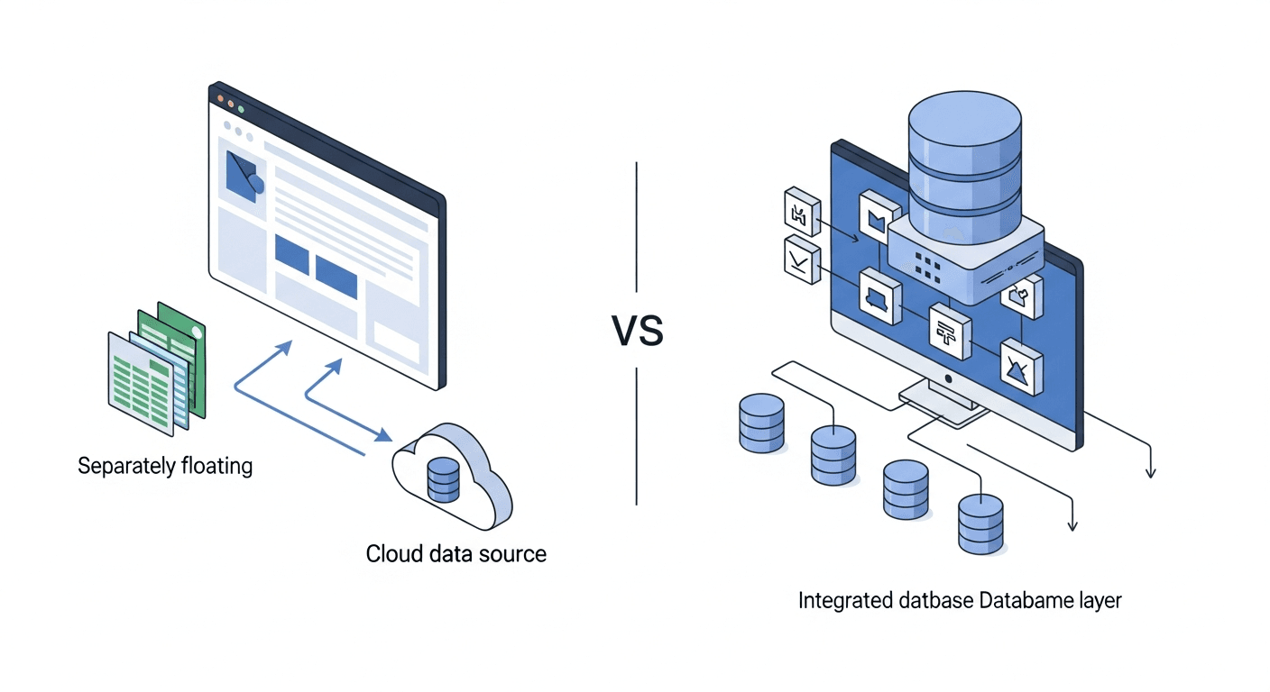 A clean, modern illustration showing two different database architecture approaches side by side. On the left side, show a web application interface connected by arrows to external data sources like spreadsheets and cloud databases floating separately. On the right side, show a web application with an integrated database layer built directly into the platform structure. Use a professional color scheme with blues and grays, isometric or flat design style, minimalist and technical but approachable. No text or labels.