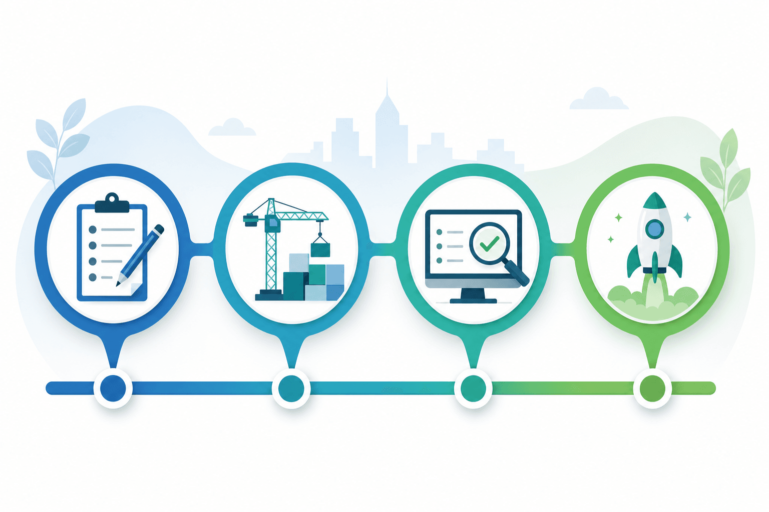 A clean timeline visualization showing four sequential phases of a project implementation, represented as connected milestone markers or stages flowing from left to right, with icons representing planning, building, testing, and launch phases, modern business illustration style, professional color palette with blues and greens, flat design with subtle depth, organized and clear visual hierarchy