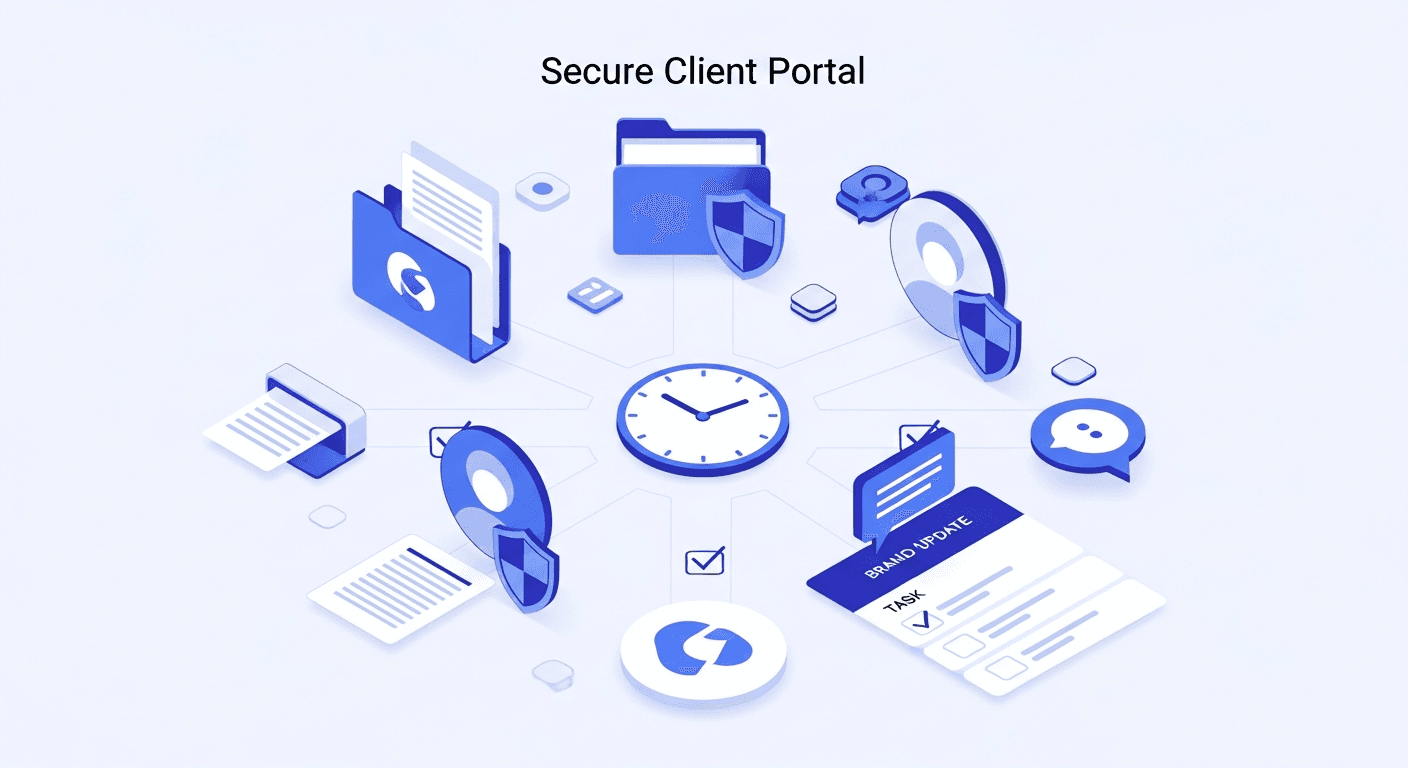A modern, clean illustration of a secure client portal dashboard interface showing multiple key features: file folder icons representing document sharing, user profile icons with shield symbols for role-based permissions, a clock or real-time update indicator, brand customization elements, a messaging chat bubble icon, and task checkboxes. The illustration should be in a professional business style with a light background, using blue and purple accent colors, arranged in a circular or hub-and-spoke layout to show interconnected portal features. Isometric or flat design style, no text or letters.