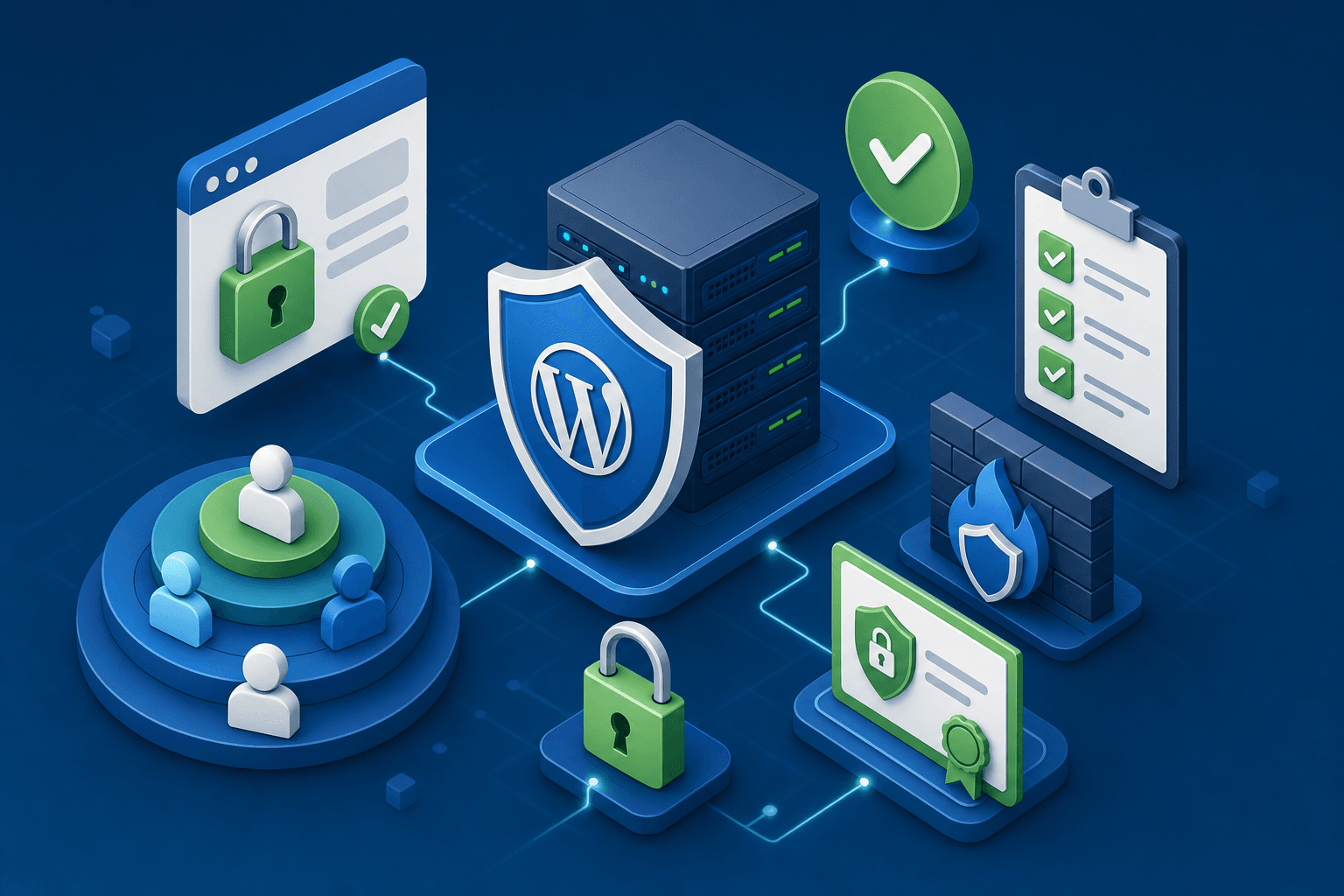 A professional illustration showing WordPress security concepts: a shield protecting a server, padlock icons representing authentication, checkmark symbols for updates and compliance, user permission levels shown as layered access rings, and HTTPS certificate symbol. Modern, clean design with blue and green security-themed colors, isometric style showing interconnected security elements in a cohesive layout.