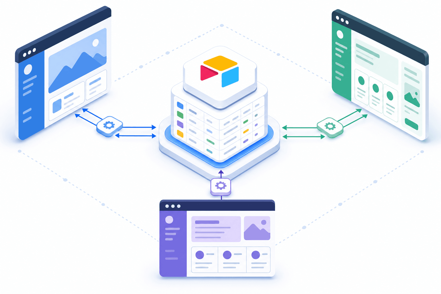 A modern isometric diagram showing an Airtable database in the center connected via API lines to multiple external portal builder platforms. Show data flowing bidirectionally between a central spreadsheet/database icon and three different web application interfaces surrounding it. Use a professional color scheme with blues, greens, and grays. Clean, minimal design style showing the concept of API integration and data synchronization between systems. No text or labels.
