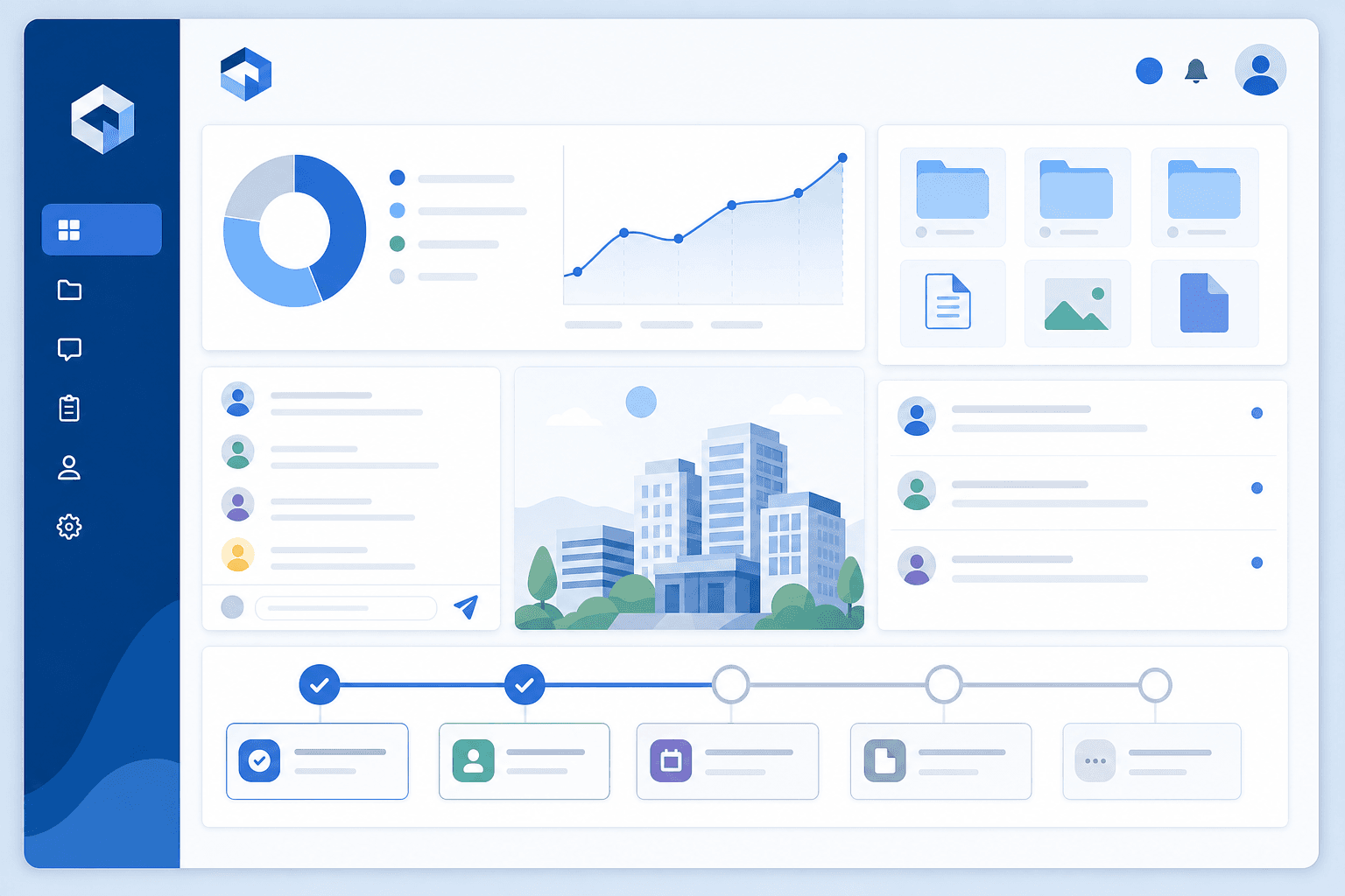 A clean, modern illustration of a client portal dashboard interface showing organized sections for project status tracking, file sharing folders, communication threads, task milestones, and branded elements. The design should be professional with a soft color palette of blues and grays, shown in an isometric or flat design style. No text or letters should appear in the image.