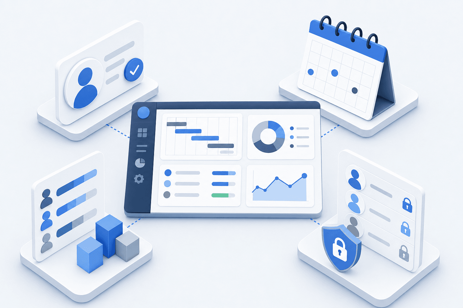 A modern business illustration showing key project tracking features: a task assignment icon with a person silhouette and checkmark, a calendar with deadline markers, a status dashboard with progress indicators, a resource allocation chart showing workload distribution, and access control symbols with lock icons and user permissions. Clean, professional style with soft blue and gray color palette, isometric perspective, minimalist design.